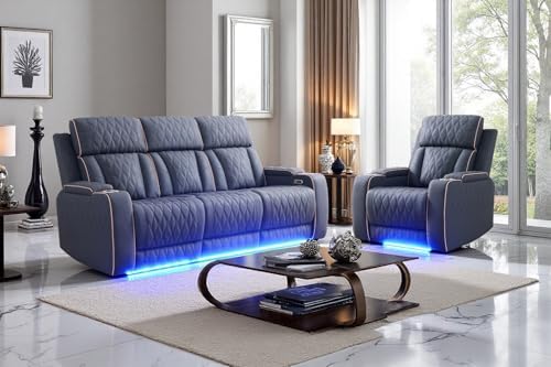 Power Reclining Sofa Set with LED Light, Sandad Leather Sectional Sofa and by COSYMOORFURNITURE