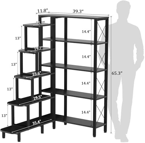 Corner Bookshelf Bookcase, Large Reversible 5 Tier Ladder Shelves Storage - Image 3