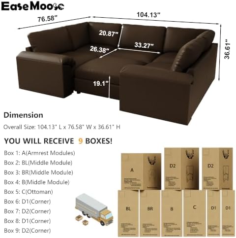 EASE MOOSE Leather Sectional Couch Sleeper, Modular Sofa Bed, Deep Brown - Image 2