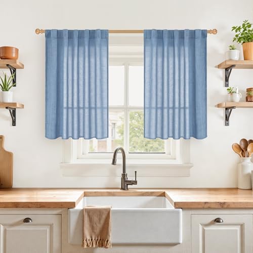 YoungsTex Blue Linen Kitchen Window Curtains 36 Inch Long 2 Panels by YoungsTex