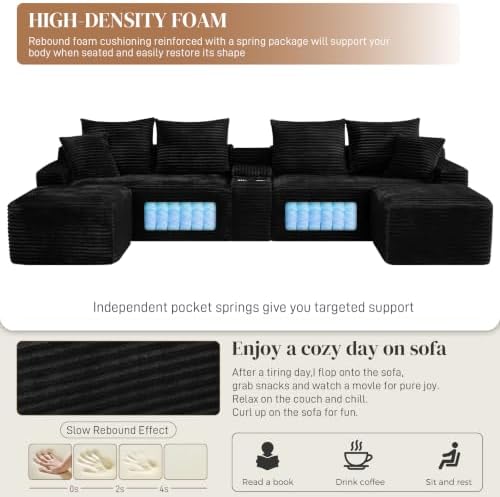 127" U Shaped Cloud Couch Modular Sectional Sofa, Comfy Fluffy Corduroy Black - Image 6