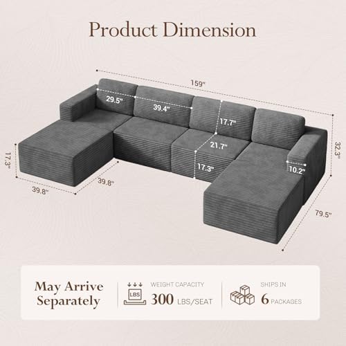 Vesgantti 159" Large Modular Sectional Sofa, U-Shaped Corduroy Cloud Couch - Image 2
