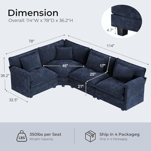 ELUCHANG 114" Oversized Modular Sectional Sofa, Comfy Chenille Cloud Couch - Image 2
