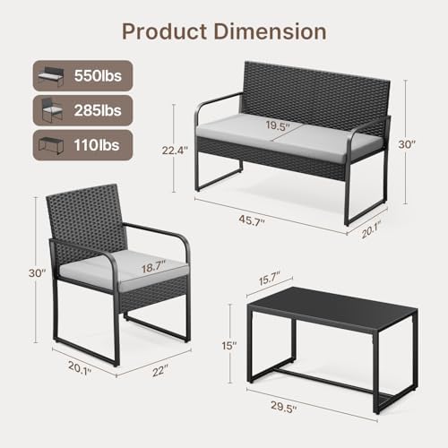 Gizoon 4 Piece Patio Furniture Set, Cushion-Grey - Image 3