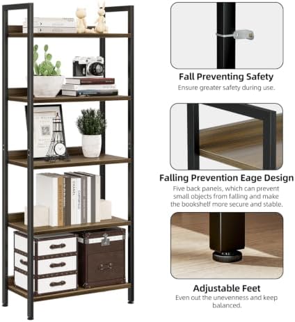 NUMENN Bookshelf, 5 Tier Freestanding Shelving Unit, Dark Walnut - Image 6