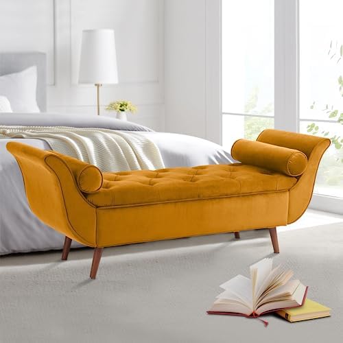 Storage Bench for Bedroom End of Bed, Velvet Upholstered Rolled Armed Button by Hdxdkog