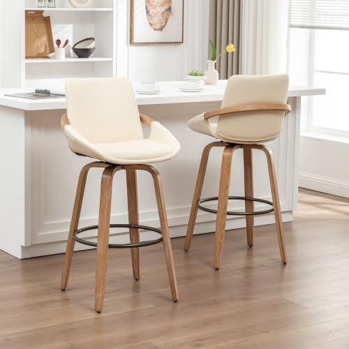 25.2" Swivel Bar Stool with Back Cream White Leather Kitchen Barstool Chair - Image 3