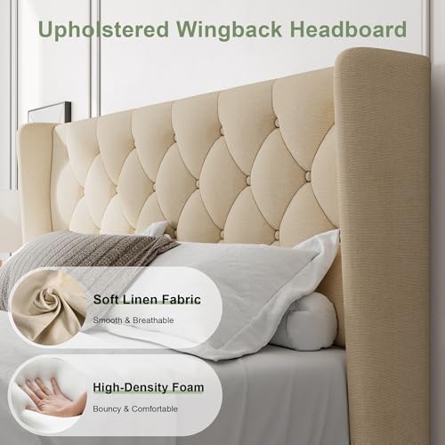 Feonase Queen Bed Frame with Diamond Tufted Wingback Headboard, Morden - Image 3