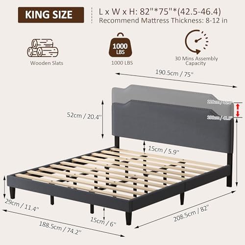 King Size Bed Frame with Upholstered Headboard, Platform Bed with Soft Linen - Image 2
