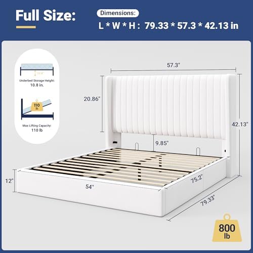 Allewie Full Size Lift Up Storage Bed Frame Channel Tufted Headboard White - Image 2