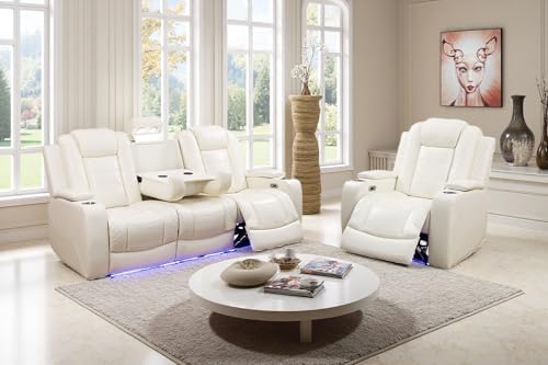 Power Reclining Sofa Set with LED Light, Power Recliner Leather Sectional Sofa by COSYMOORFURNITURE