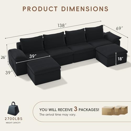 132" Cloud Sectional Couch, U-Shaped Convertible Modular Sofa Black - Image 2