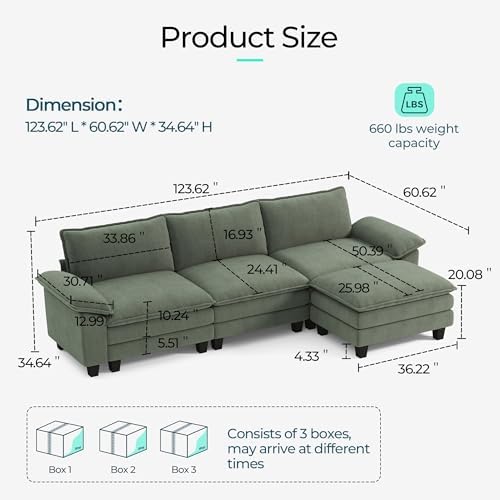 LINSY HOME 123'' Modular Sectional Sofa 3 Seat Couch Corduroy Cloud Couch - Image 2