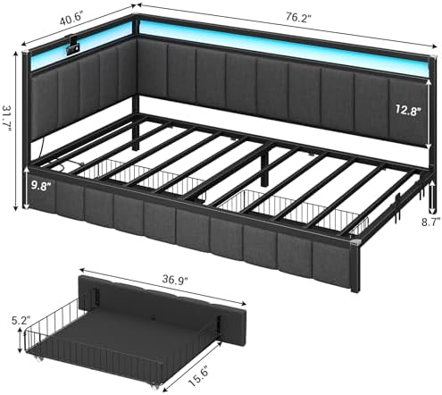 Hasuit Corner Bed Frame with Storage Drawers, Twin Daybed with Line Fabric - Image 2