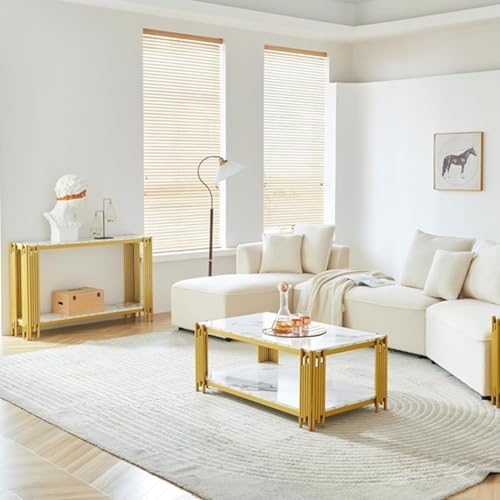 White Marble Coffee Table Set of 2, Faux Marble Coffee Tables and Gold White - Image 2