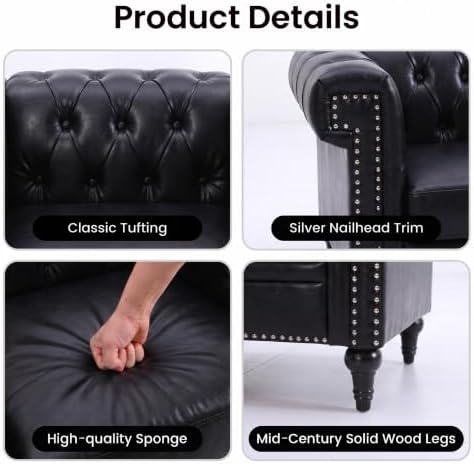 3 Seat Chesterfield Sofa, Faux Leather Couch - Image 3