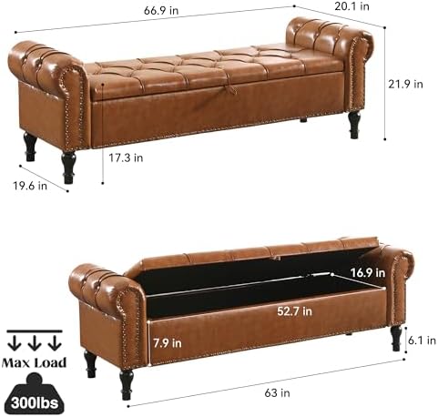 Faux Leather Storage Bench for Bed Room 67 Inch Upholstered Tufted Ottoman Bench - Image 2