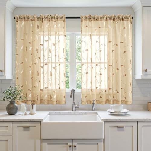 MIULEE Khaki Sheer Curtains 2 Panels Embroidered Leaf Patterned, W52 x L45 - Image 2