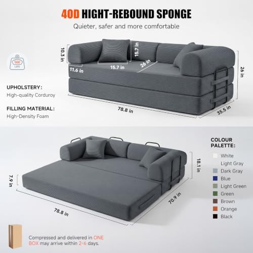 79" Memory Foam Sofa Bed, Convertible Futon Boneless Couch - Image 3