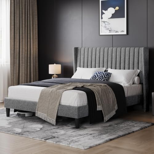 Yaheetech Queen Bed Frame with Headboard, Light Gray Channel-Tufted Platform - Image 3