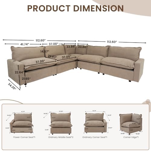 V-Shaped Power Recliner Cloud Couch Sectional, 5 Seater Modular Sectional Sofa - Image 2