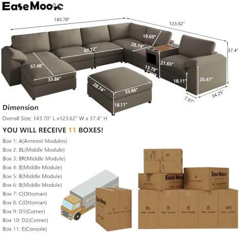EASE MOOSE Faux Leather Sectional Couch, Deep Seat Sofa, Light Grey - Image 2