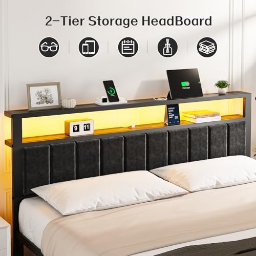 OLEVS King Bed Frame with Charging Station & LED Lights Modern Platform Bed - Image 3
