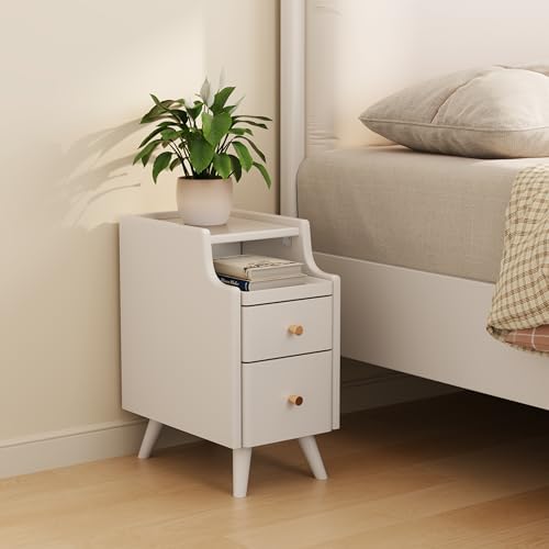 AQIMUELE Small Nightstand with Drawers, Solid Wood Bedside Table, Narrow Walnut by AQIMUELE
