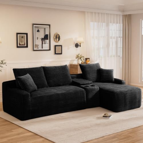 95" L Shaped Cloud Couch Modular Sectional Sofa, Comfy Fluffy Corduroy Black - Image 4