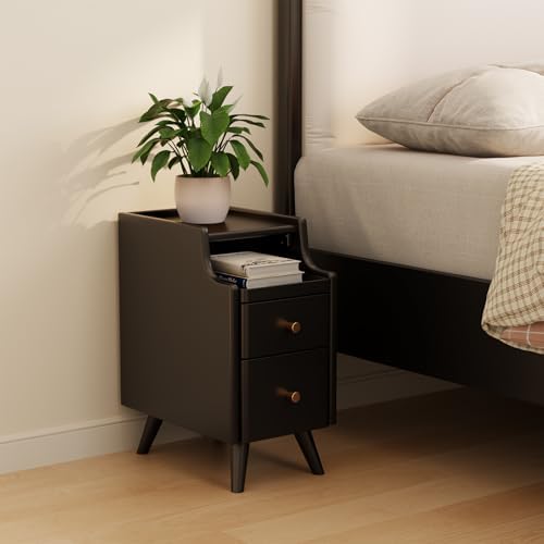 AQIMUELE Small Nightstand with Drawers, Solid Wood Bedside Table, Narrow Walnut by AQIMUELE