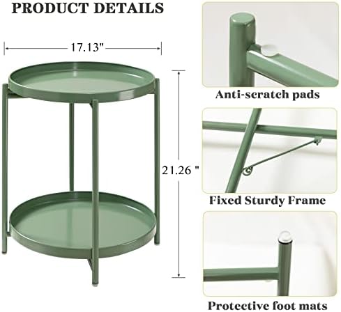 TeoKJ 2 Tier Green Side Table, Folding Round Metal End Table Small Nightstand - Image 3