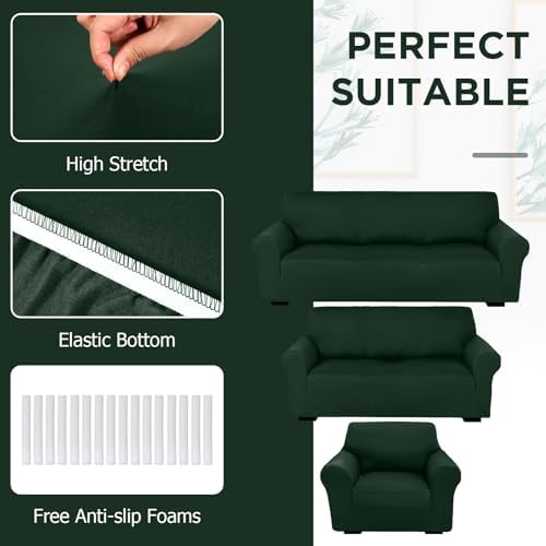 Peryiter 3 Pcs Couch and Loveseat Sofa Covers, Dark Green, Milk Silk - Image 4