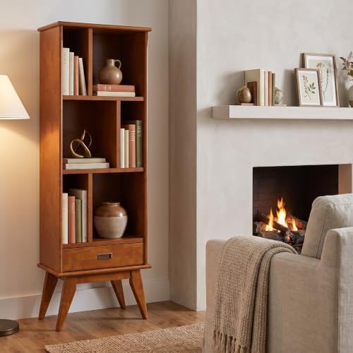 SIMPLIHOME Draper 64" Tall Solid Wood 5-Shelf Bookcase in Teak Brown - Image 2