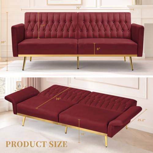 70” Velvet Futon Sofa Bed w/Adjustable Armrests - Image 6