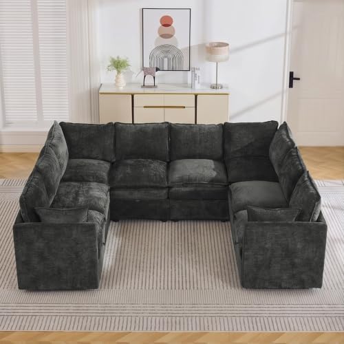 105" Dark Grey Oversized Modular Storage Sofa, U Shaped Chenille Couch by Abbrevi