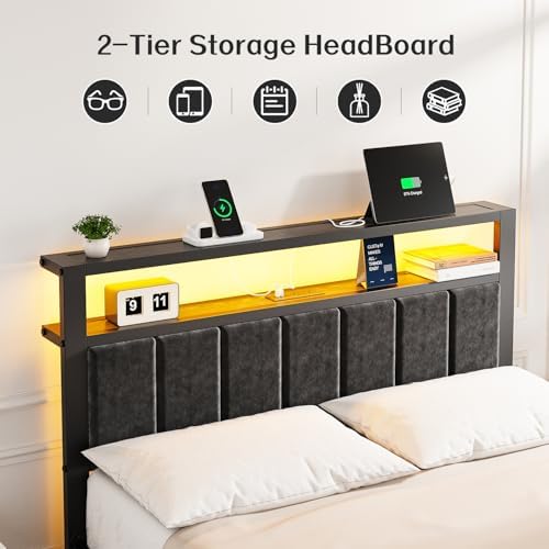 OLEVS Full Size Bed Frame with LED Lights & Charging Station, Modern Platform - Image 3