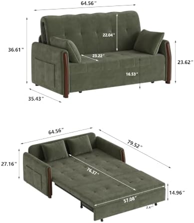 64.56" Pull Out Sofa Bed with Storage, Convertible Sleeper Sofa Green - Image 2