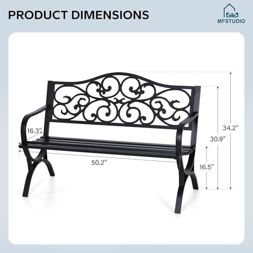 MFSTUDIO 50 Inches Outdoor Garden Bench Cast Iron Metal Frame, Floral Black - Image 2