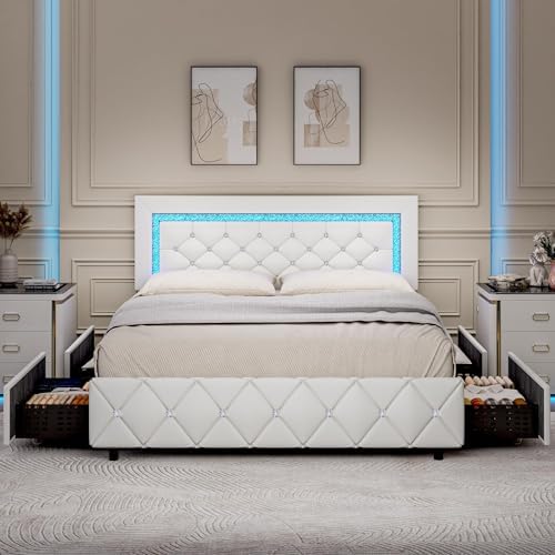 Queen Bed Frame with LED Lights, Upholstered Bed Frame with Storage Drawers - Image 3