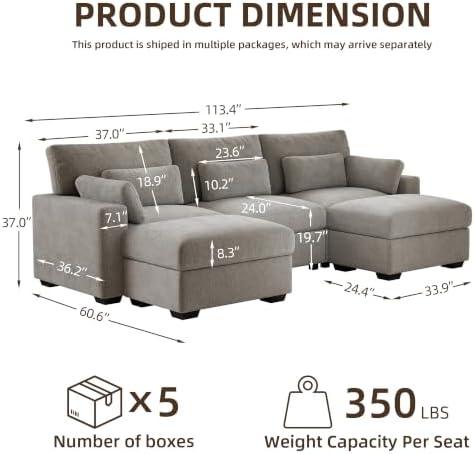 WorthFurni 113.4'' Modular Sectional Sofa, U Shaped Oversized Extra Deep Couches - Image 2
