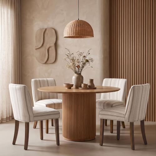 Farmhouse Dining Chairs Set of 4 Khaki Stripe Upholstered Linen Kitchen Chairs by DMFurniture