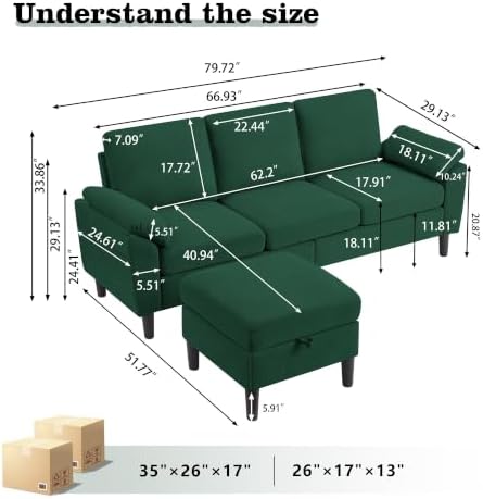 80" Sectional Sofa Couches, 3-Seater Reversible Couch - Image 2