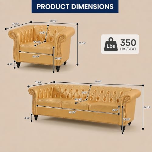 Chesterfield Sofa & Chair Set, Faux Leather Couch Set - Image 2