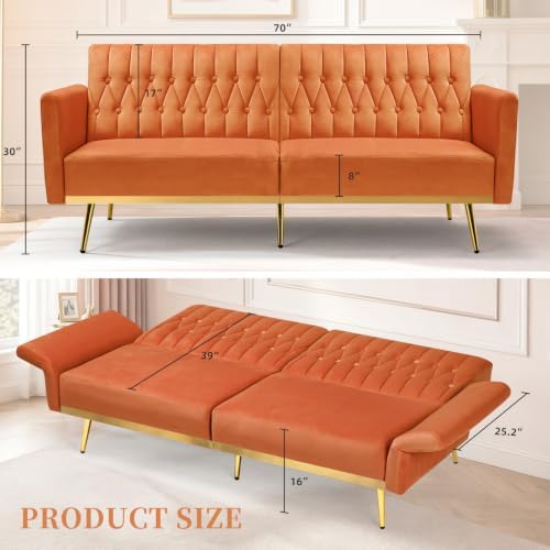 70” Velvet Futon Sofa Bed w/Adjustable Armrests - Image 3