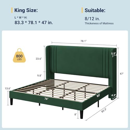 Allewie King Size Velvet Platform Bed Frame, Tall Wingback Headboard - Image 2