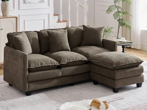 72'' Cloud 3 Seater Couch with Ottoman, L Shaped Sofa with 3 Throw Pillows by HOCAT