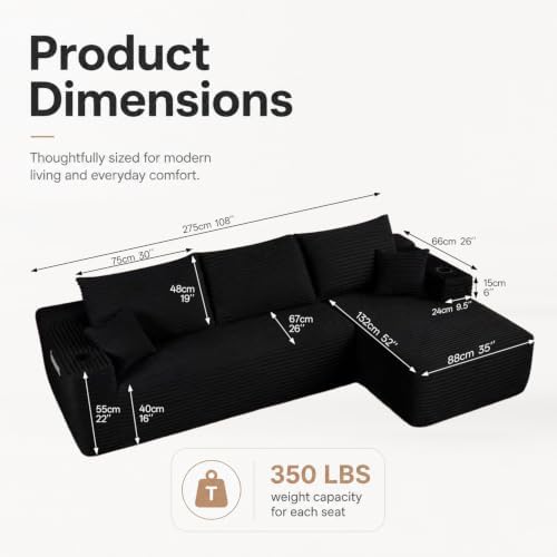 108 inch Boneless Couch, Modular L-Shaped Cloud Sectional Sofa - Image 2