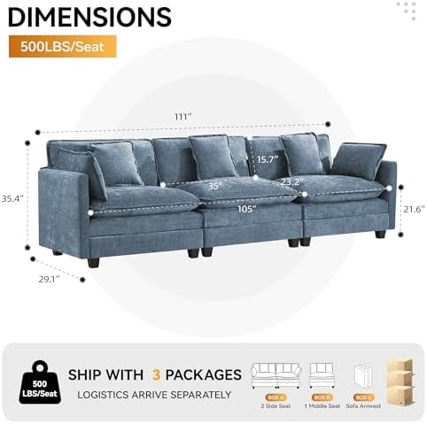 111'' Sectional Cloud Deep Seat Couch, Modern Comfy Chenille Modular Sectional - Image 2