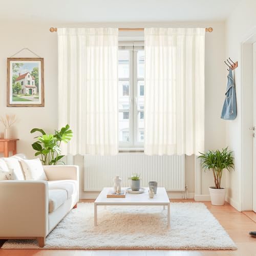 YoungsTex Ivory Linen Semi Sheer Curtains 45 Inch Length 2 Panels Set - Image 2