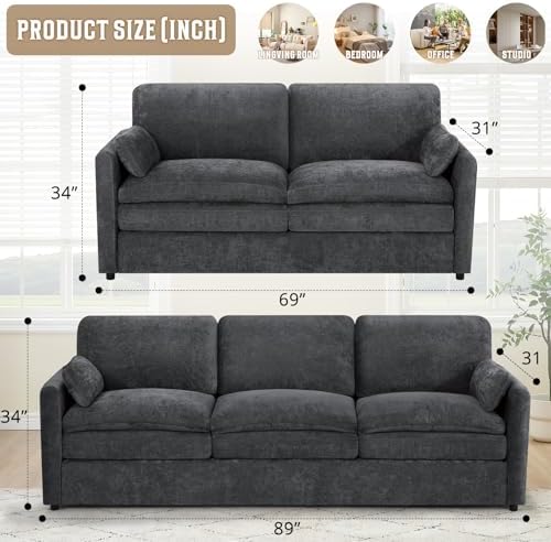 Comfy Chenille Sofa Set with Well-Filled Pillows, Dark Grey - Image 2